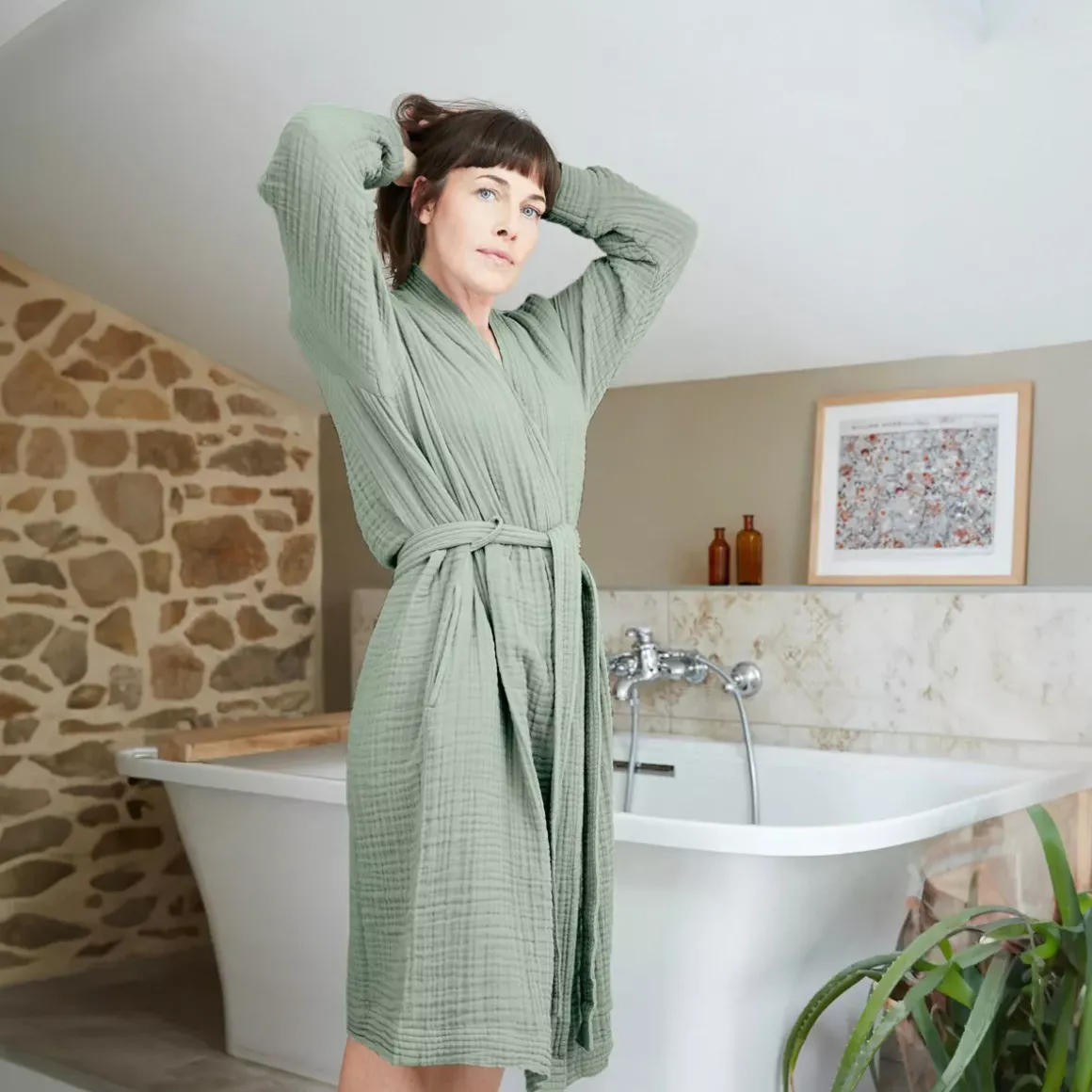 Accappatoio da bagno in garza di cotone L/XL Gaia Verde eucalipto