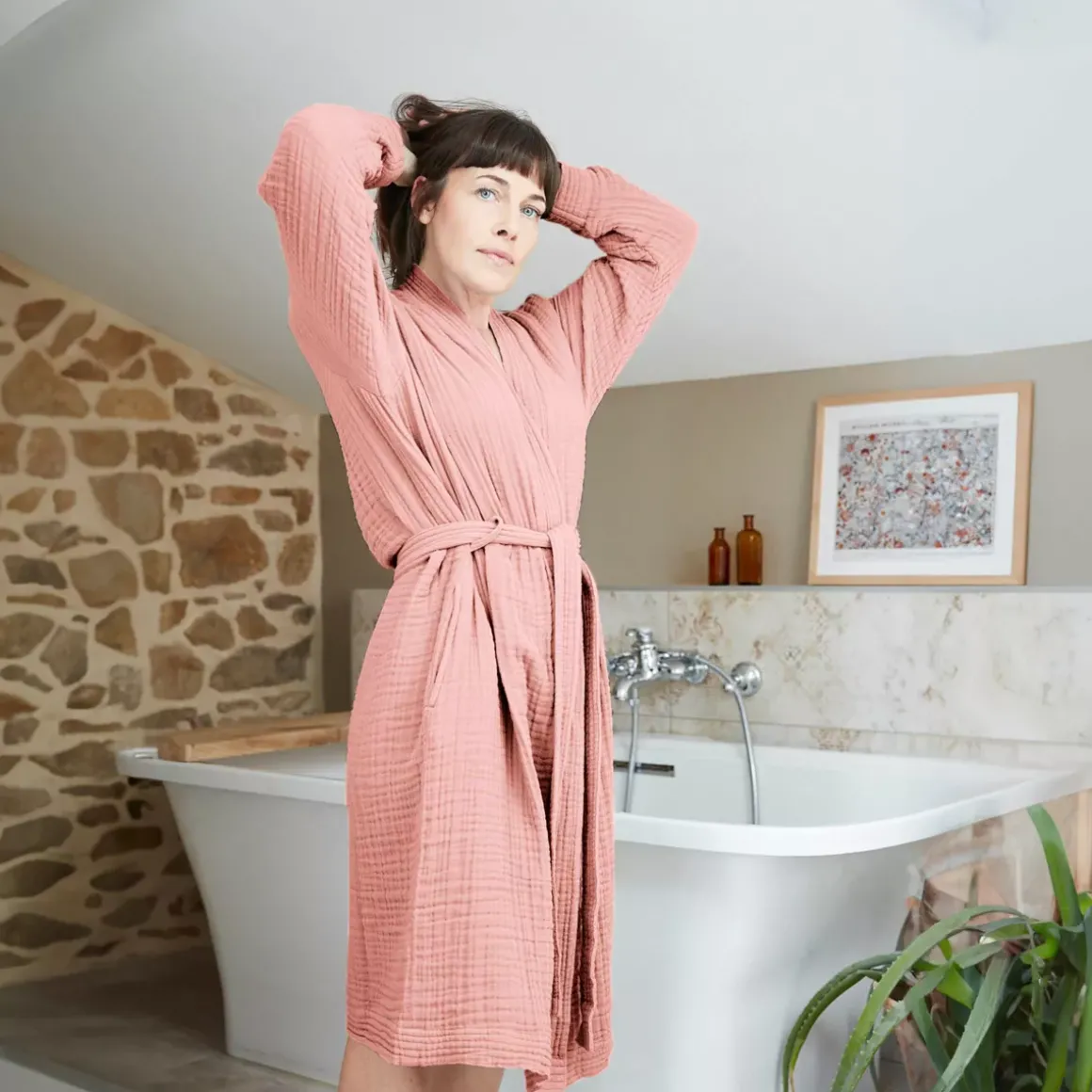 Accappatoio da bagno in garza di cotone S/M Gaïa Rosa pesca