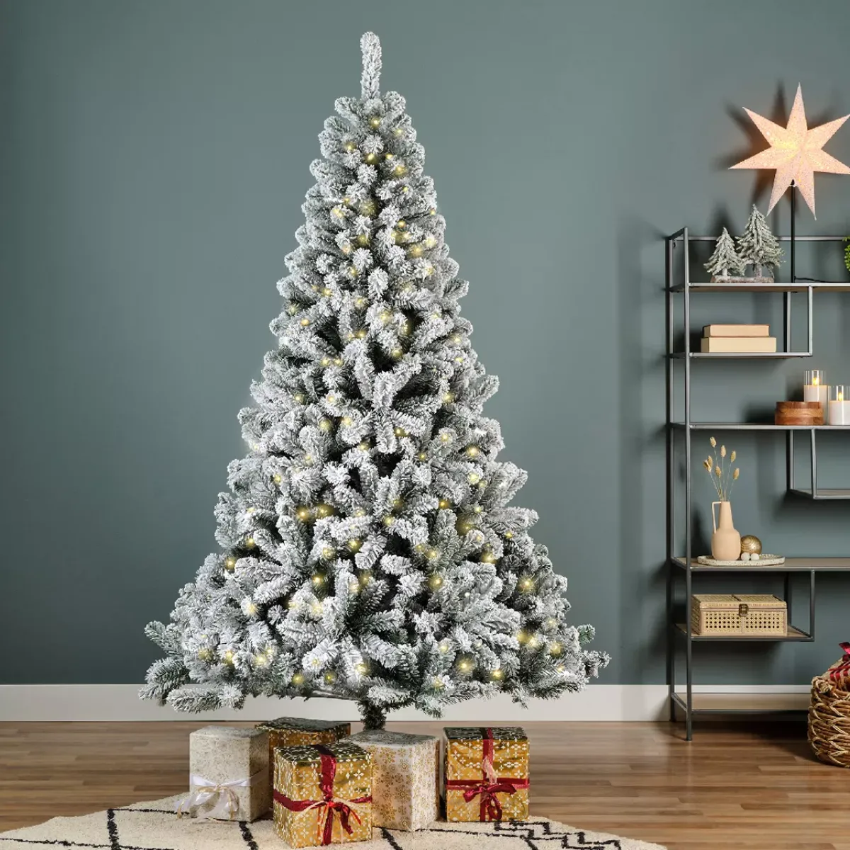 EMINZA Albero Di Natale Artificiale|Alberi Di Natale Grande Dimensione-Albero di Natale artificiale luminoso 400 LED H240 cm King Verde innevato