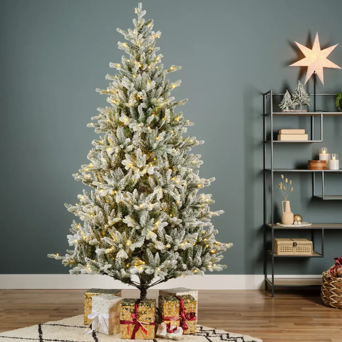 EMINZA Albero Di Natale Artificiale|Alberi Di Natale Grande Dimensione-Albero di Natale artificiale luminoso 430 LED (H210 cm) Allix Verde innevato