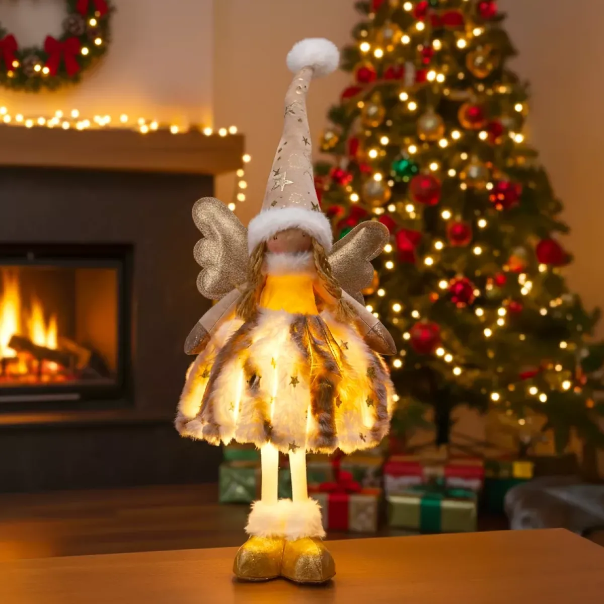 KOOPMAN Oggetti Decorativi E Illuminati|Babbo Natale Animali E Personaggi-Angelo di Natale luminoso a pile (H50 cm) Gladys pelliccia Dorato