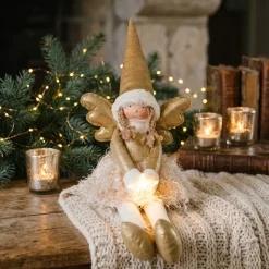 JJA Oggetti Decorativi E Illuminati|Babbo Natale Animali E Personaggi-Angelo di Natale luminoso con pile (H48 cm) Fata chiaro di luna seduta Dorata