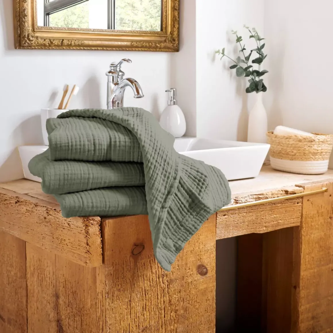 Asciugamano da bagno in garza di cotone (70 x 130 cm) Gaïa Verde rosmarino