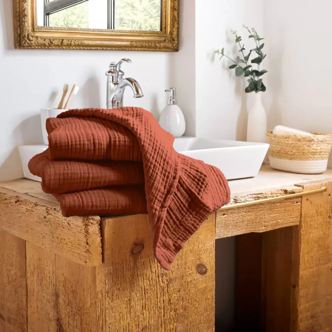 Asciugamano da bagno in garza di cotone (50 x 90 cm) Gaïa Terracotta