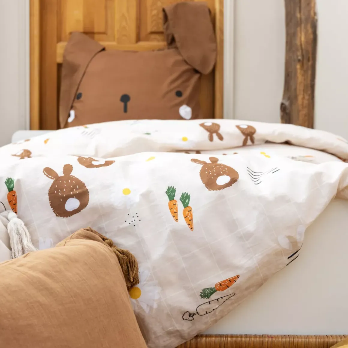 Copripiumino e due federe per bambini in cotone (240 x 220 cm) Pompon Marrone