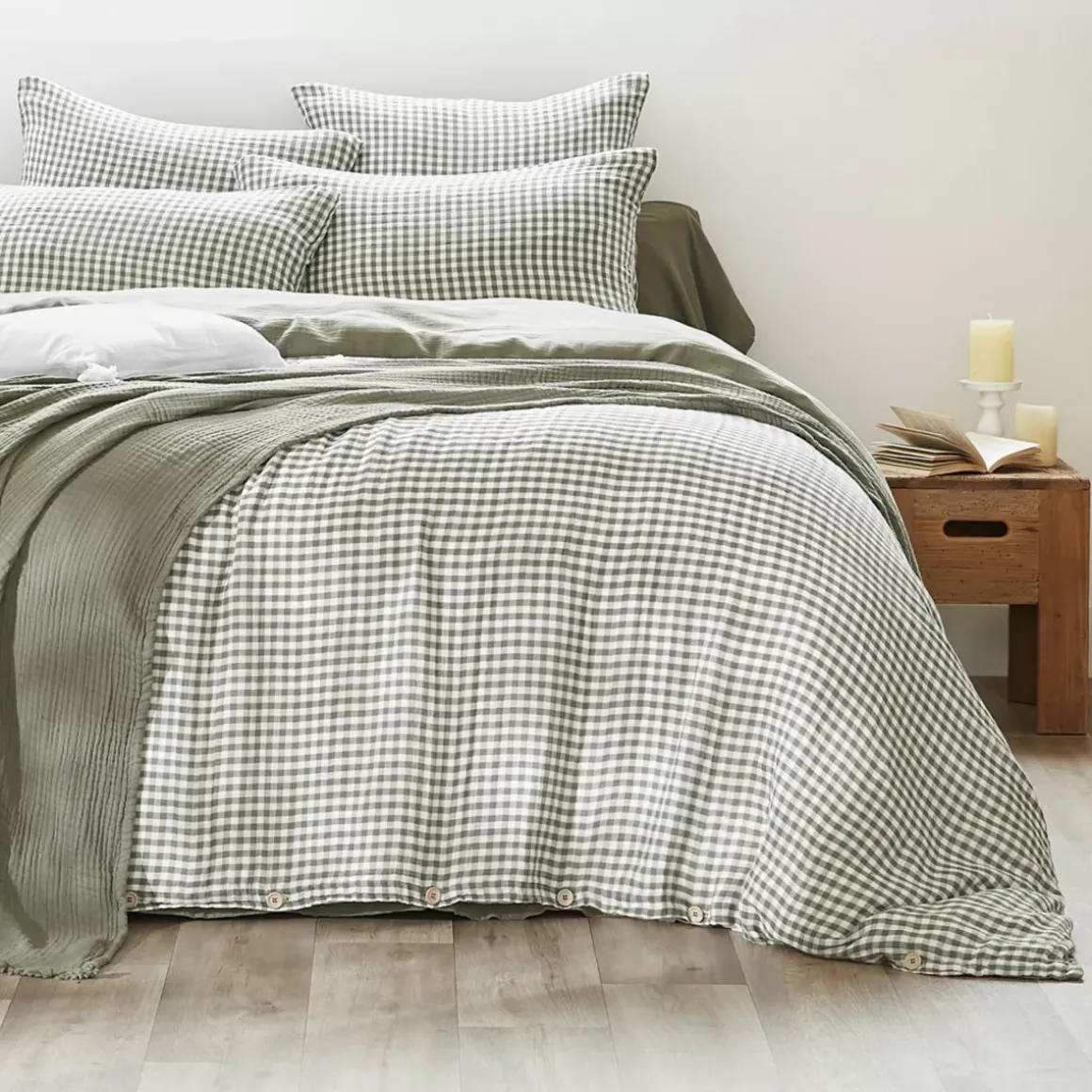 Copripiumino garza di cotone (240 x 220 cm) Gaïa vichy Verde rosmarino