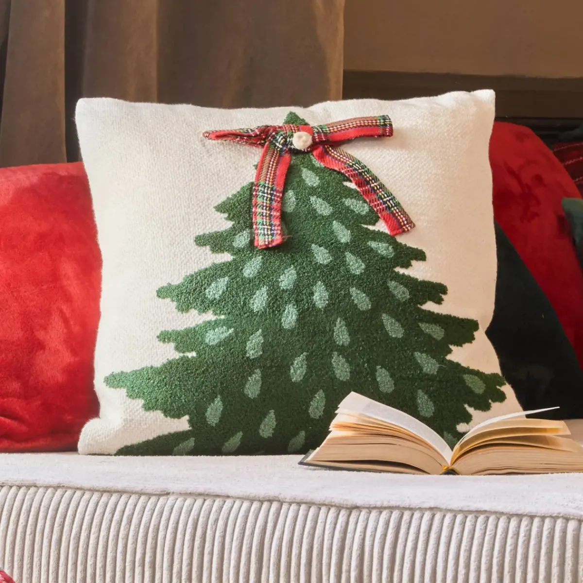 KAEMINGK Plaid E Cuscini Di Natale-Cuscino di Natale quadrato in cotone (45 x 45 cm) Albero di Natale Tartan Rosso
