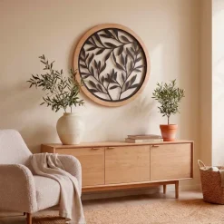 EMINZA Quadri & Decorazioni Murali-Decorazione murale rotonda in metallo (D60 cm) Foglie