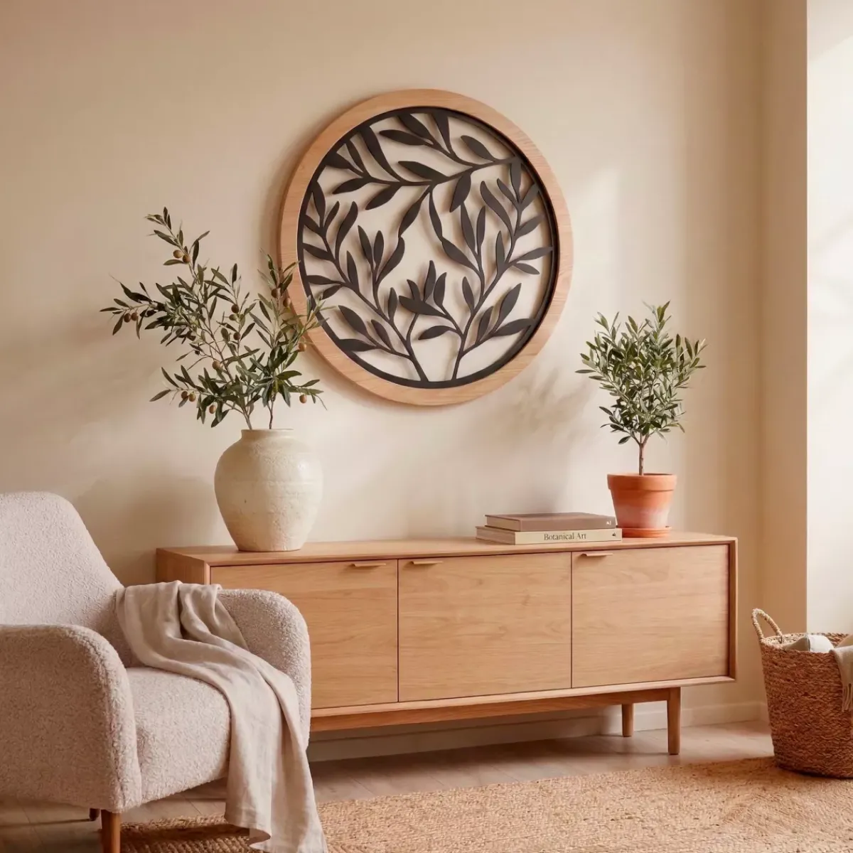 EMINZA Quadri & Decorazioni Murali-Decorazione murale rotonda in metallo (D60 cm) Foglie