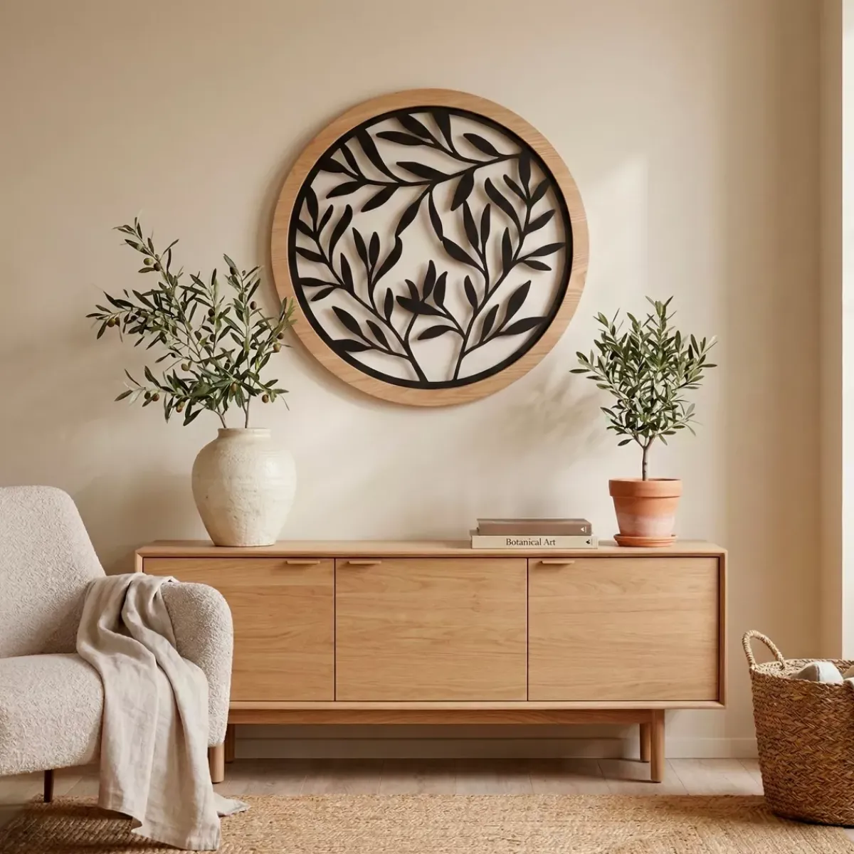 EMINZA Quadri & Decorazioni Murali-Decorazione murale rotonda in metallo (D60 cm) Foglie