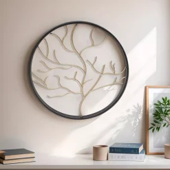 EMINZA Quadri & Decorazioni Murali-Decorazione murale rotonda in metallo (D28 cm) Albero contemporaneao e dorato