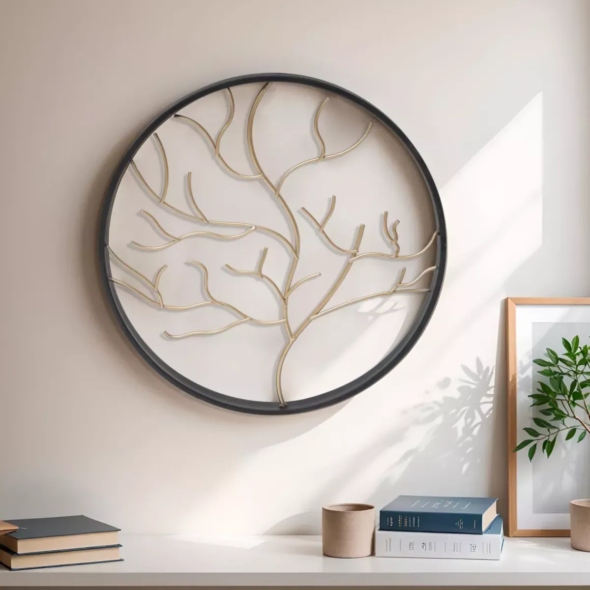 EMINZA Quadri & Decorazioni Murali-Decorazione murale rotonda in metallo (D28 cm) Albero contemporaneao e dorato