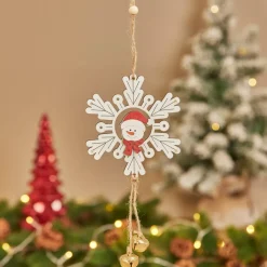JJA Addobbi Natalizi-Decorazione natalizia sospesa in legno (D9 cm) Pupazzo di neve e fiocco