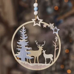 KAEMINGK Addobbi Natalizi-Decorazione natalizia sospesa in legno (D11 cm) Renna e cerva nel bosco