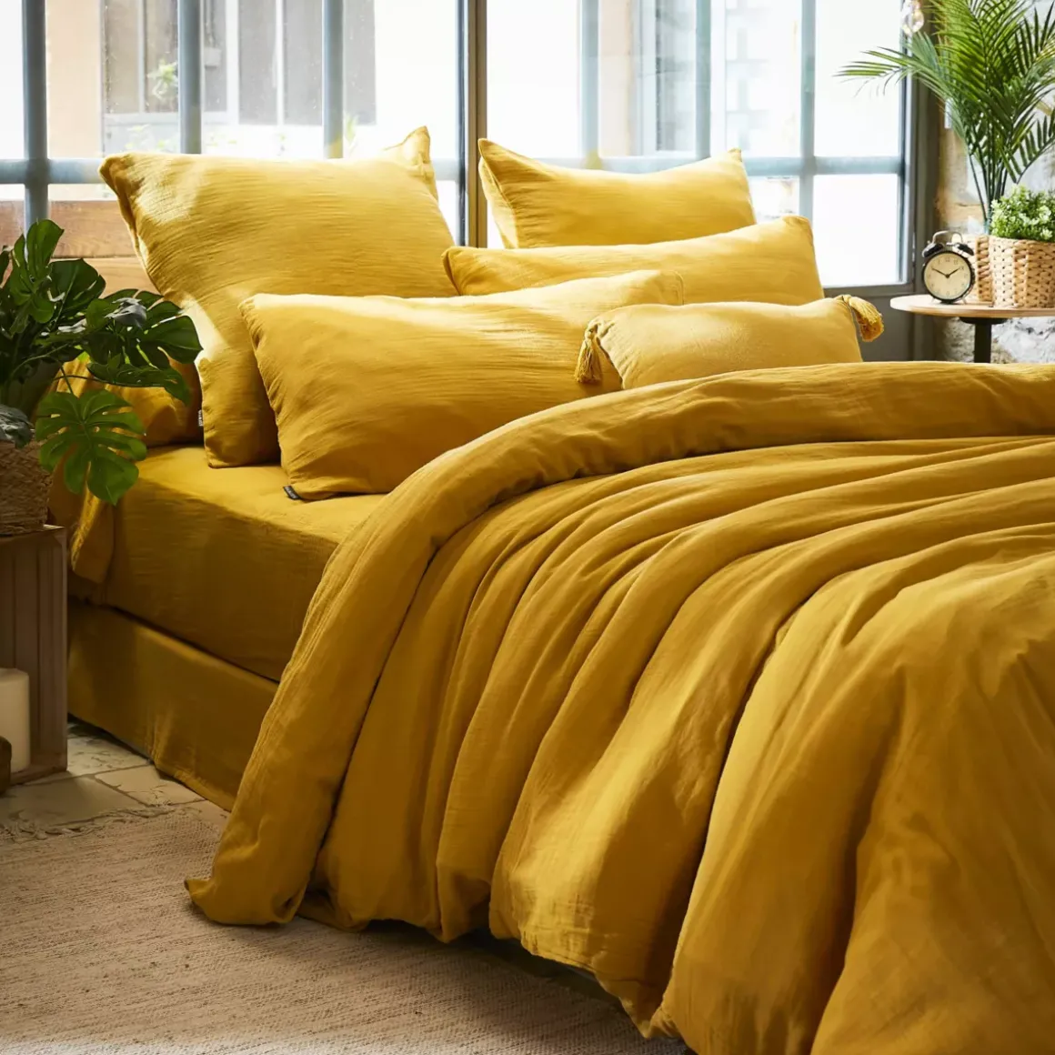 Federa per cuscino letto quadrata in garza di cotone (80 x 80 cm) Gaia Giallo zafferano