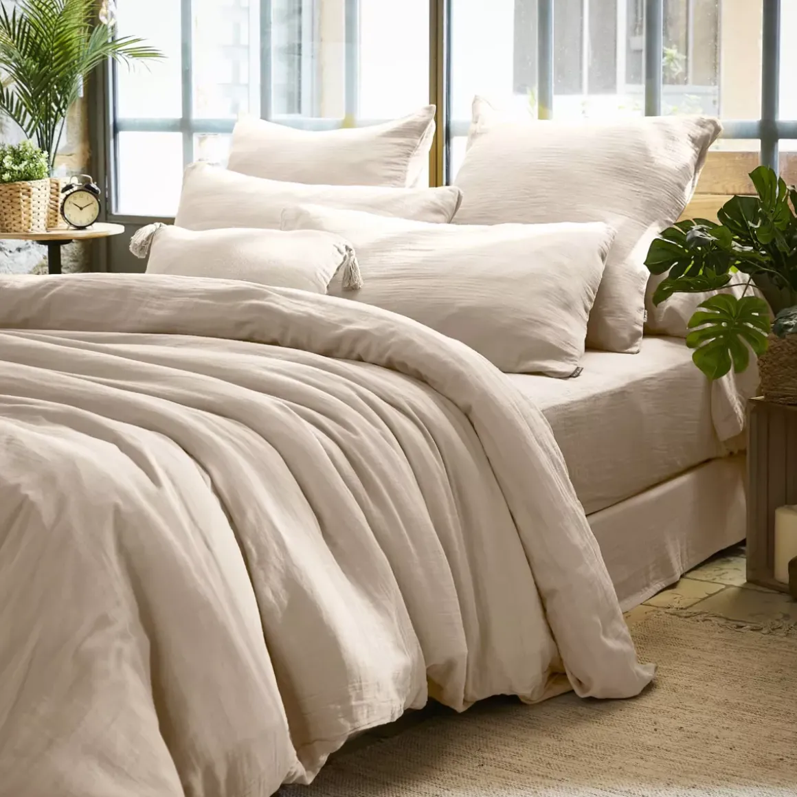 Federa quadrata in garza di cotone (80 x 80 cm) Gaïa Beige pampa