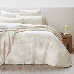 Federa Quadrata in garza di cotone (80 x 80 cm) Gaïa Vichy Beige