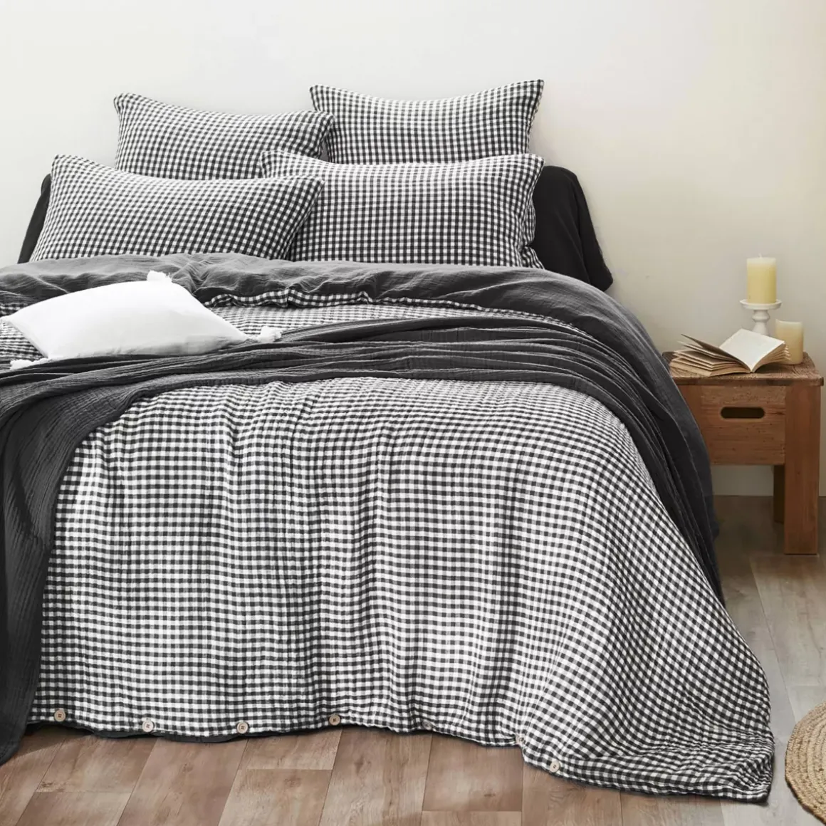 Federa Quadrata in garza di cotone (80 x 80 cm) Gaïa Vichy Nero