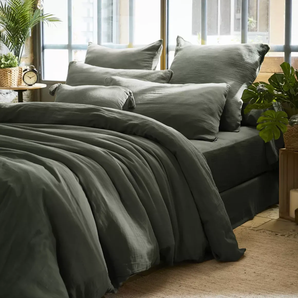 Federa quadrupla garza di cotone (80 x 80 cm) Victoria x Gaïa Verde rosmarino