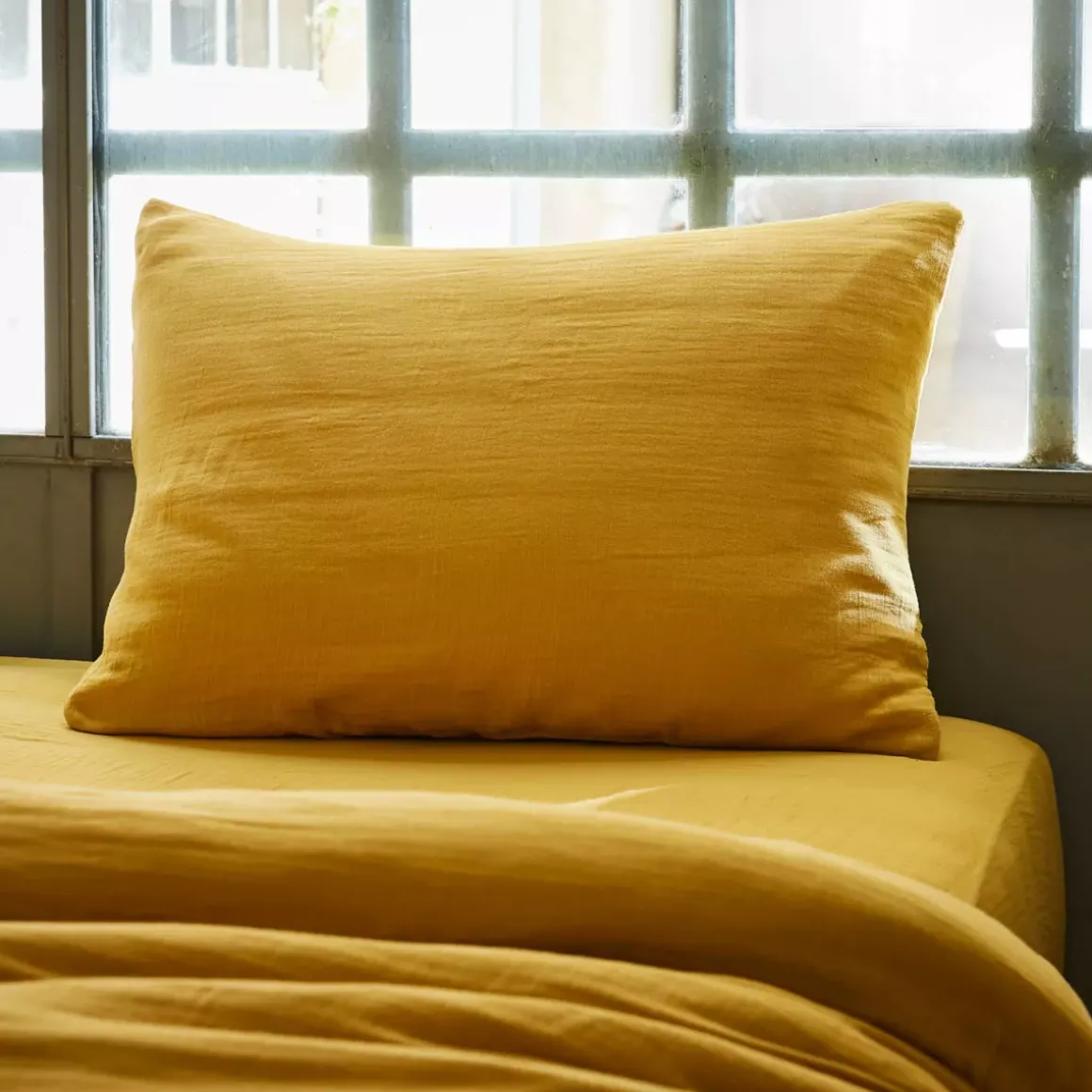 Federa rettangolare garza di cotone (L70 cm) Gaïa Giallo zafferano