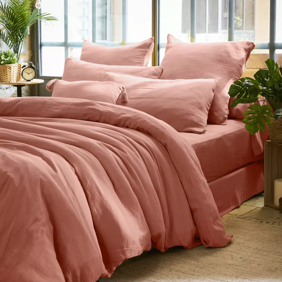 Federa rettangolare garza di cotone (L70 cm) Gaïa Rosa pesca