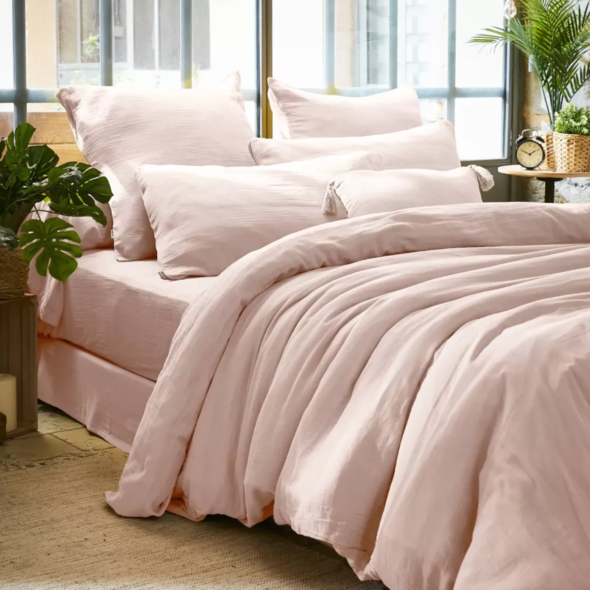 Federa rettangolare garza di cotone (L70 cm) Gaïa Rosa cipria