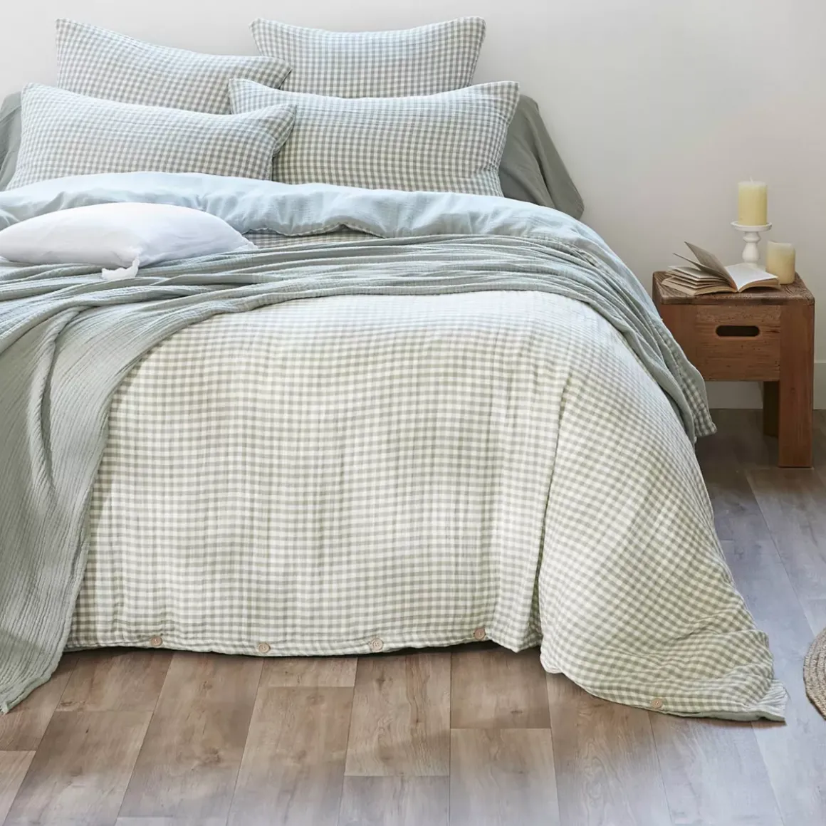 Federa rettangolare garza di cotone (50 x 80 cm) Gaïa Vichy Verde eucalipto