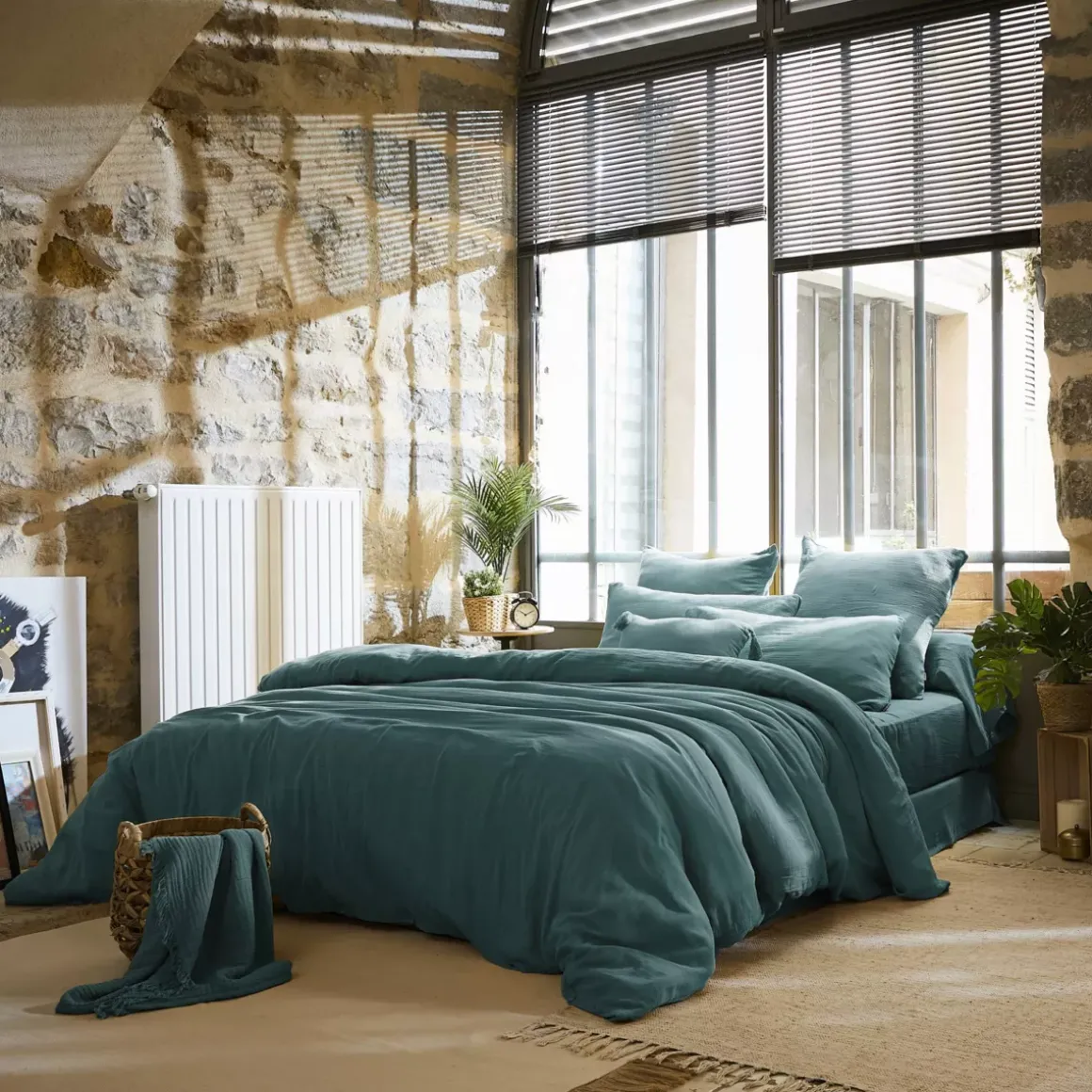 Lenzuolo sopra garza di cotone (240 x 300 cm) Gaïa Blu ottanio