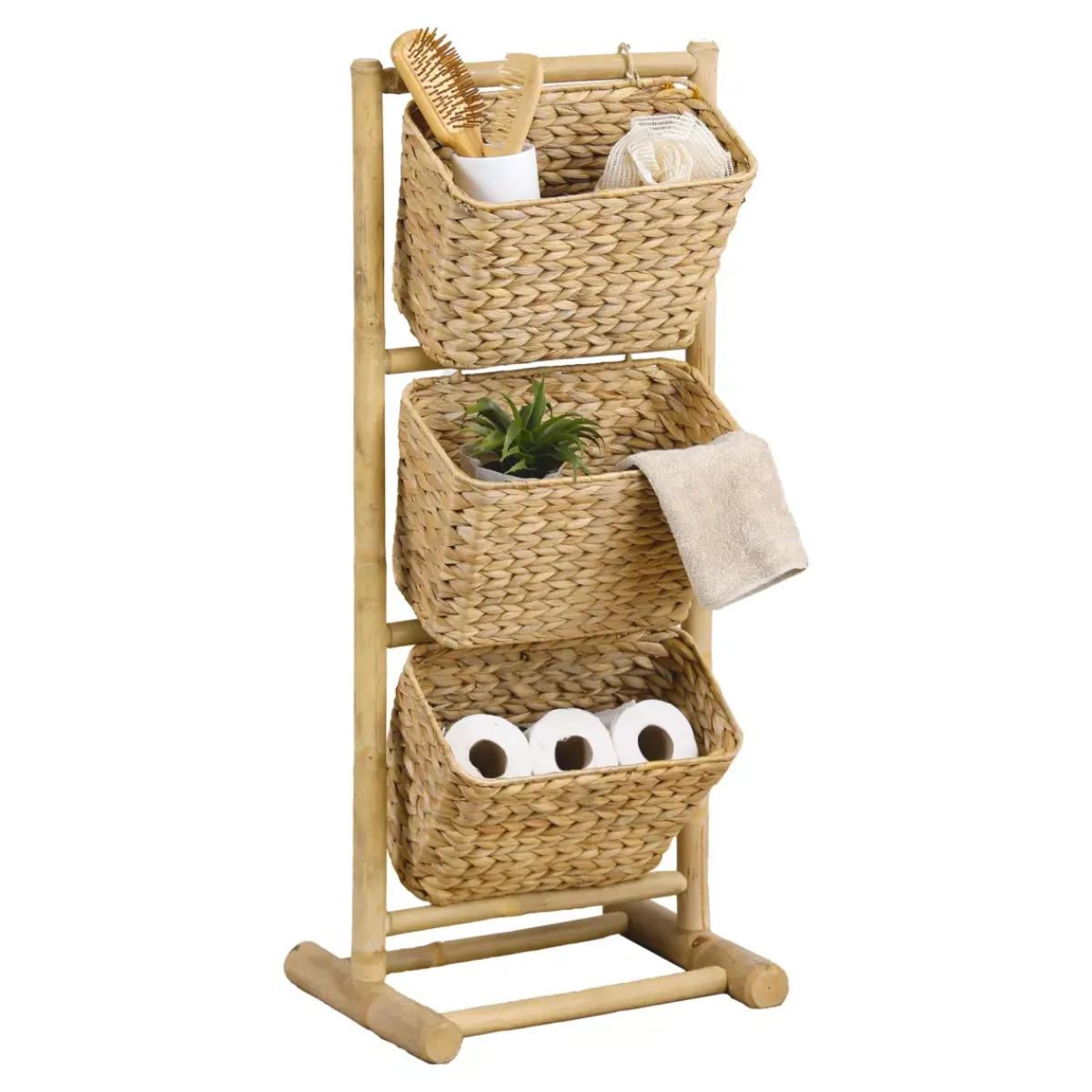 TENDANCE Contenitori Bagno|Mobili Bagno-Mobile inclinato 3 cesti bambù e giacinto d'acqua (Alt 92 cm) Hanoï