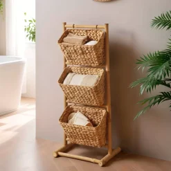 TENDANCE Contenitori Bagno|Mobili Bagno-Mobile inclinato 3 cesti bambù e giacinto d'acqua (Alt 92 cm) Hanoï