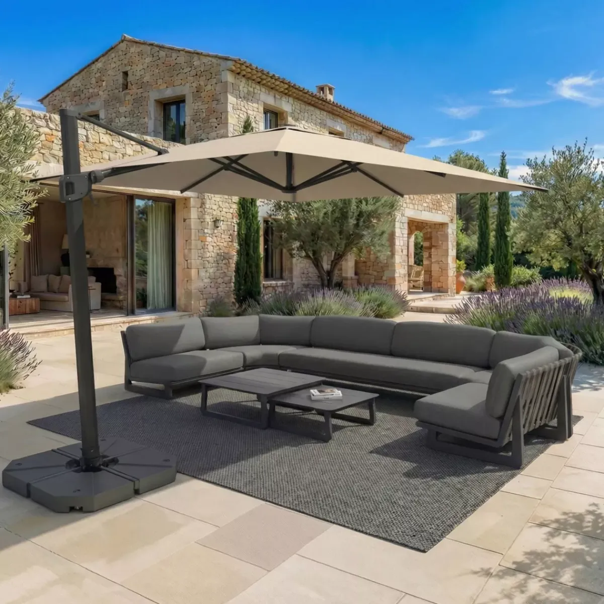 MOBELLIA Ombrelloni Da Giardino-Ombrellone decentrato quadrato in alluminio con base (3 x 3 m) Elyra Antracite e Beige