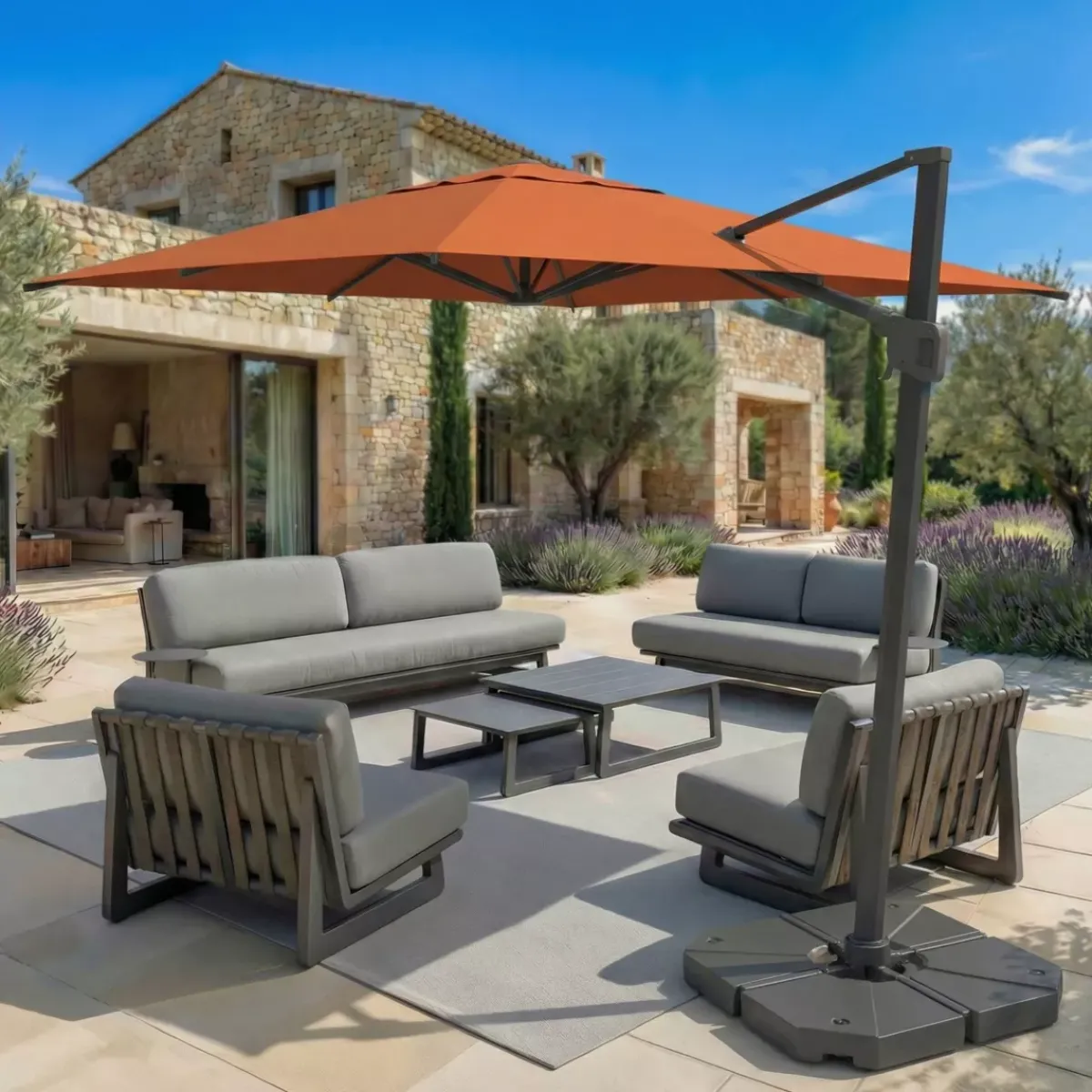 MOBELLIA Ombrelloni Da Giardino-Ombrellone decentrato quadrato in alluminio con base (3 x 3 m) Elyra Antracite e Terracotta