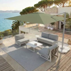 MOBELLIA Ombrelloni Da Giardino-Ombrellone decentrato quadrato in alluminio con base (3 x 3 m) Elyra Bianco e Verde oliva