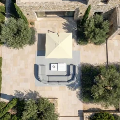MOBELLIA Ombrelloni Da Giardino-Ombrellone decentrato quadrato in alluminio con base (3 x 3 m) Elyra effetto legno e Beige