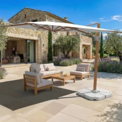 MOBELLIA Ombrelloni Da Giardino-Ombrellone decentrato quadrato in alluminio con base (3 x 3 m) Elyra effetto legno e Bianco