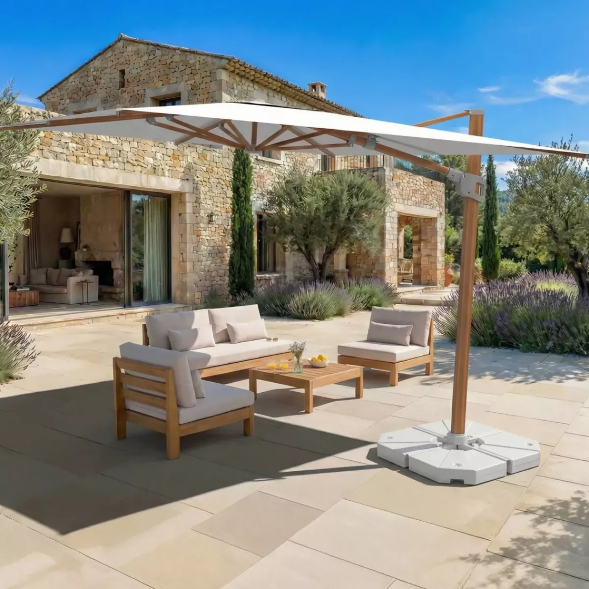 MOBELLIA Ombrelloni Da Giardino-Ombrellone decentrato quadrato in alluminio con base (3 x 3 m) Elyra effetto legno e Bianco