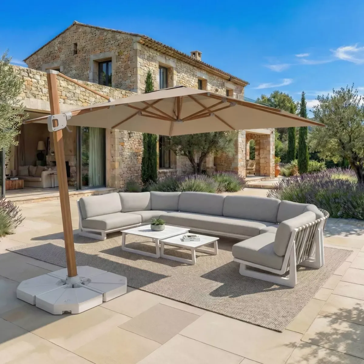 MOBELLIA Ombrelloni Da Giardino-Ombrellone decentrato quadrato in alluminio con base (3 x 3 m) Elyra effetto legno e Tortora