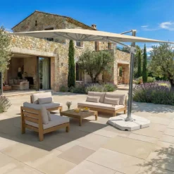 MOBELLIA Ombrelloni Da Giardino-Ombrellone decentrato quadrato in alluminio con base (3 x 3 m) Elyra Metallico lucido e Beige