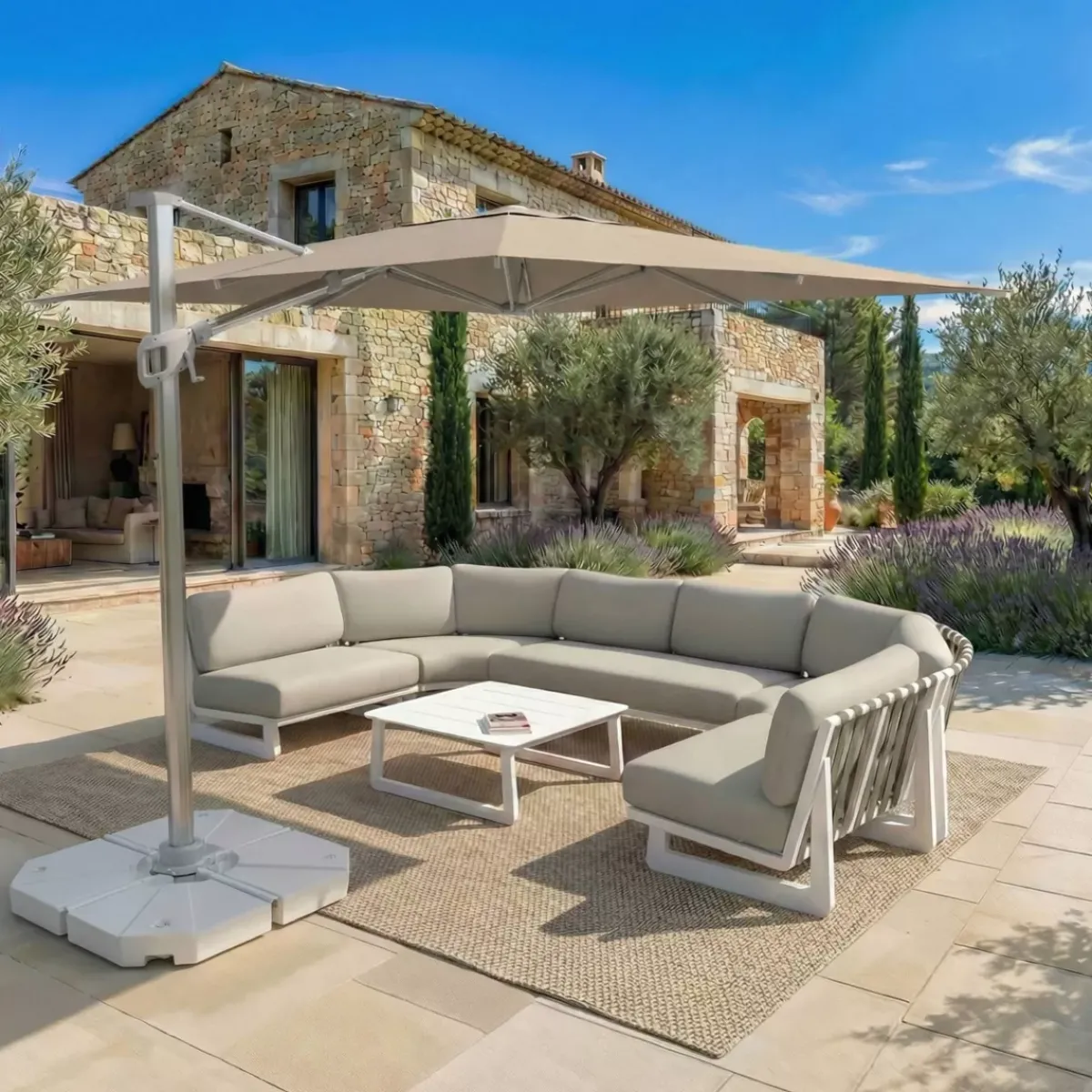 MOBELLIA Ombrelloni Da Giardino-Ombrellone decentrato quadrato in alluminio con base (3 x 3 m) Elyra Metallico lucido e Tortora