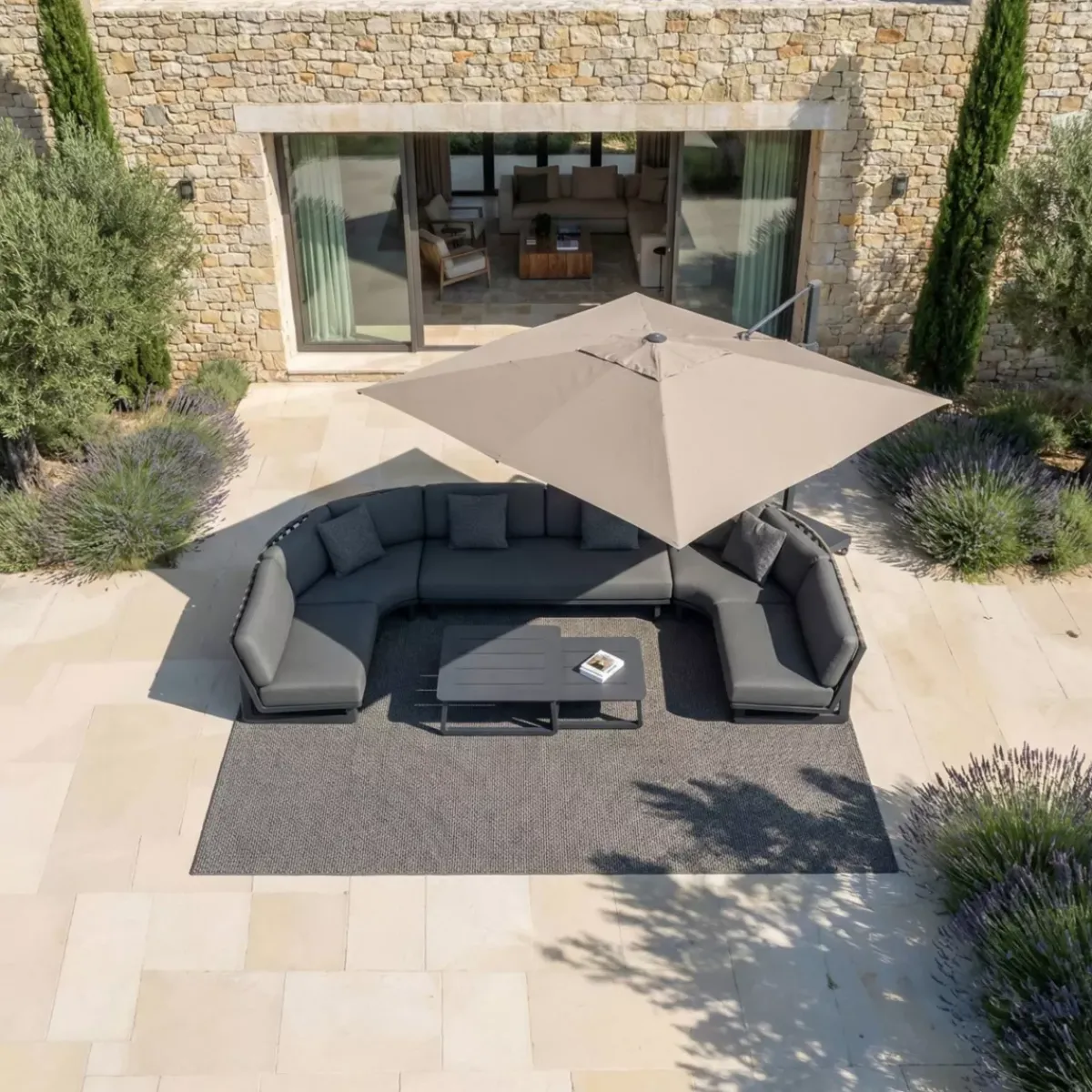 MOBELLIA Ombrelloni Da Giardino-Ombrellone decentrato quadrato in alluminio con base (3 x 3 m) Elyra Antracite e Tortora
