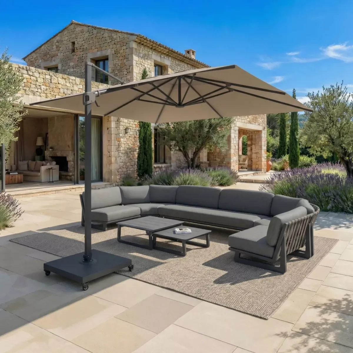 MOBELLIA Ombrelloni Da Giardino-Ombrellone decentrato quadrato in alluminio con base (3 x 3 m) Elyra Antracite e Tortora