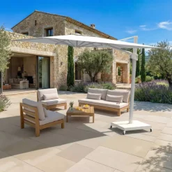 MOBELLIA Ombrelloni Da Giardino-Ombrellone decentrato quadrato in alluminio con base (3 x 3 m) Elyra Bianco