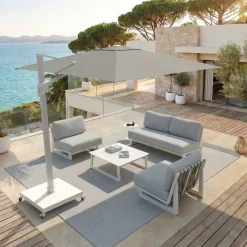 MOBELLIA Ombrelloni Da Giardino-Ombrellone decentrato quadrato in alluminio con base (3 x 3 m) Elyra Bianco e Grigio