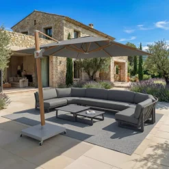 MOBELLIA Ombrelloni Da Giardino-Ombrellone decentrato quadrato in alluminio con base (3 x 3 m) Elyra effetto legno e Antracite