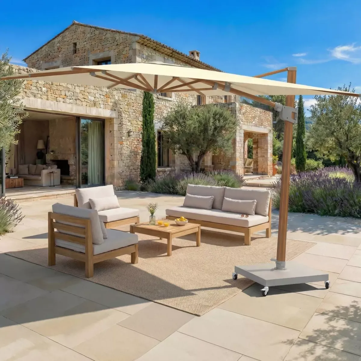 MOBELLIA Ombrelloni Da Giardino-Ombrellone decentrato quadrato in alluminio con base (3 x 3 m) Elyra effetto legno e Beige