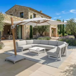 MOBELLIA Ombrelloni Da Giardino-Ombrellone decentrato quadrato in alluminio con base (3 x 3 m) Elyra effetto legno e Bianco
