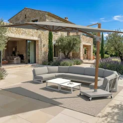 MOBELLIA Ombrelloni Da Giardino-Ombrellone decentrato quadrato in alluminio con base (3 x 3 m) Elyra effetto legno e Grigio