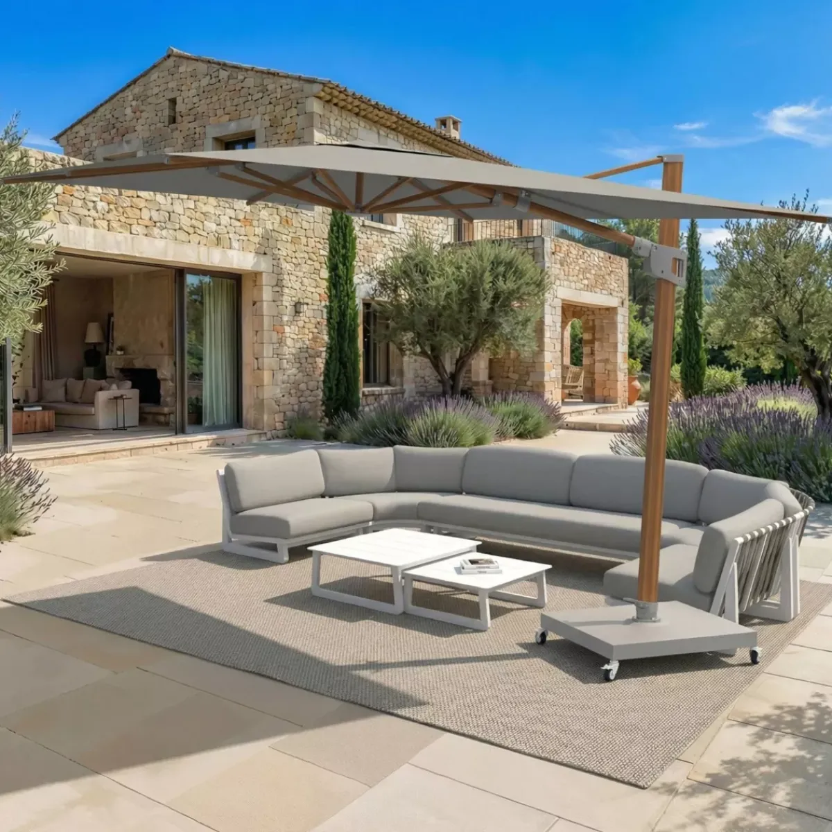 MOBELLIA Ombrelloni Da Giardino-Ombrellone decentrato quadrato in alluminio con base (3 x 3 m) Elyra effetto legno e Grigio