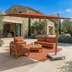 MOBELLIA Ombrelloni Da Giardino-Ombrellone decentrato quadrato in alluminio con base (3 x 3 m) Elyra effetto legno e Terracotta