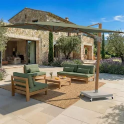 MOBELLIA Ombrelloni Da Giardino-Ombrellone decentrato quadrato in alluminio con base (3 x 3 m) Elyra effetto legno e Verde oliva